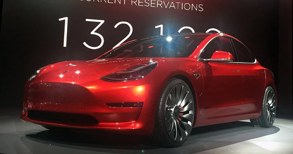 Red Tesla Model 3 at the March 31, 2016, unveiling event, Hawthorne, California